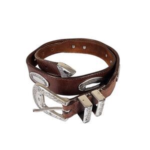 NO Brand- Women Brown Genuine Leather Belt with Silver Concho Hardware, No Size